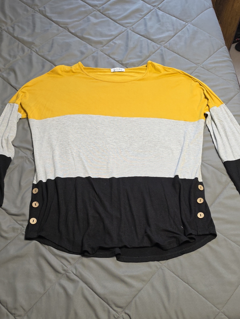 Colorblock Button-Accent Long Sleeve Top - Yellow, White & Black